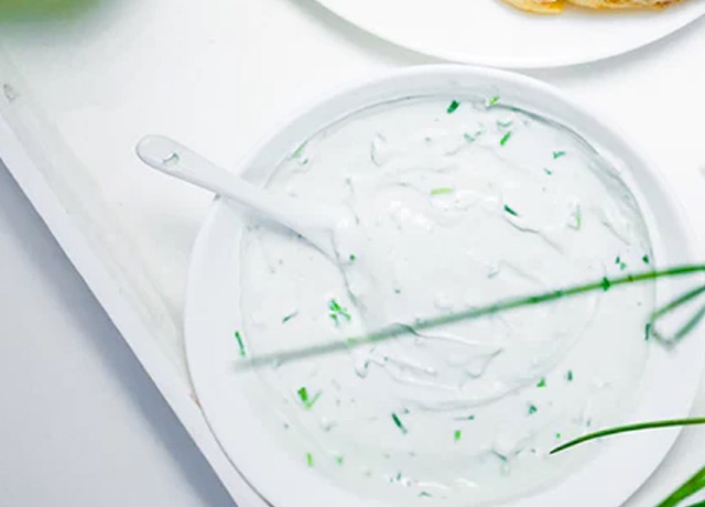 Overhead view of a bowl of tzatziki